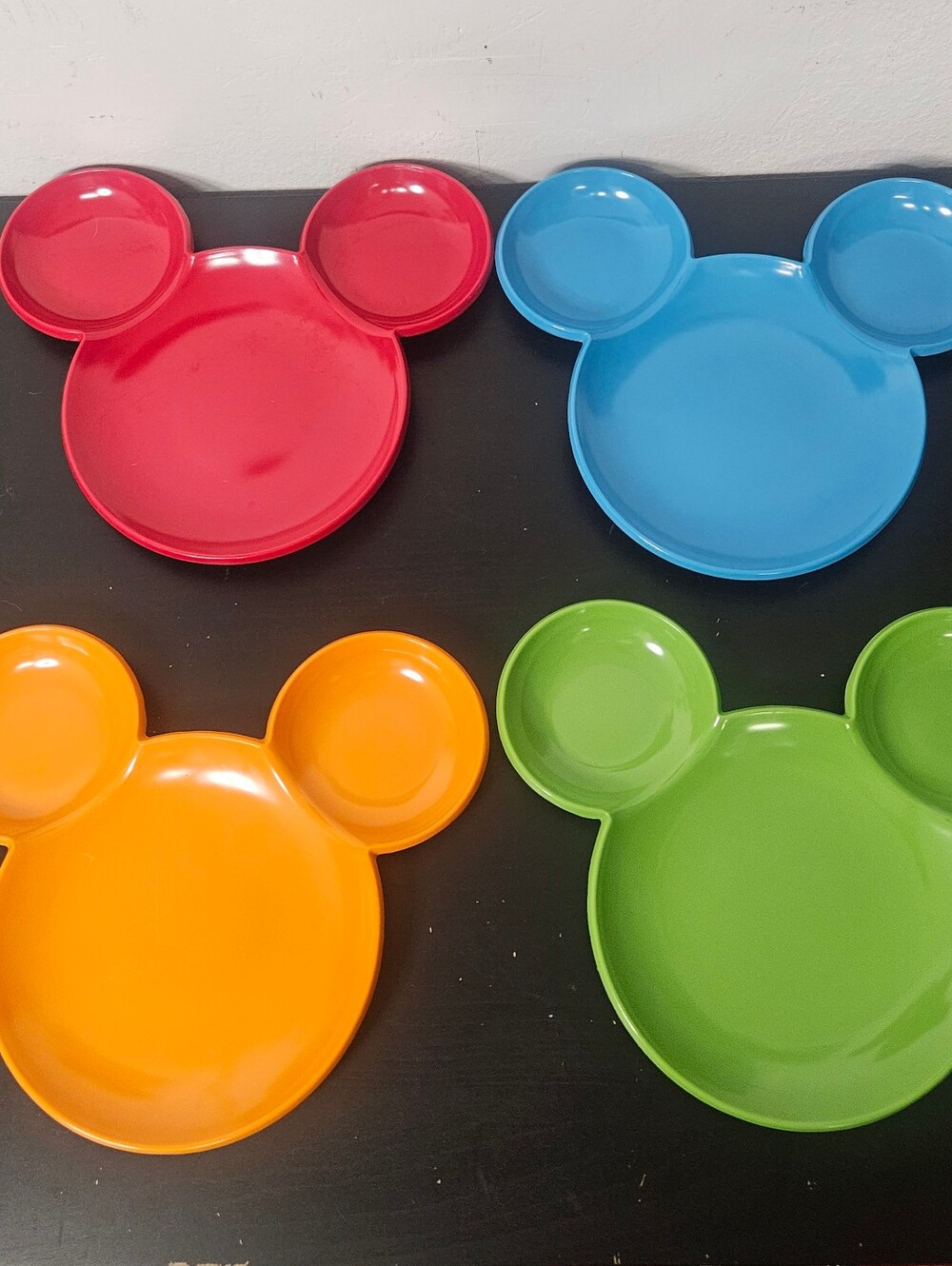 Disney Store Mickey Mouse Divided Melamine Plates Set of 4 Red Blue Green Orange